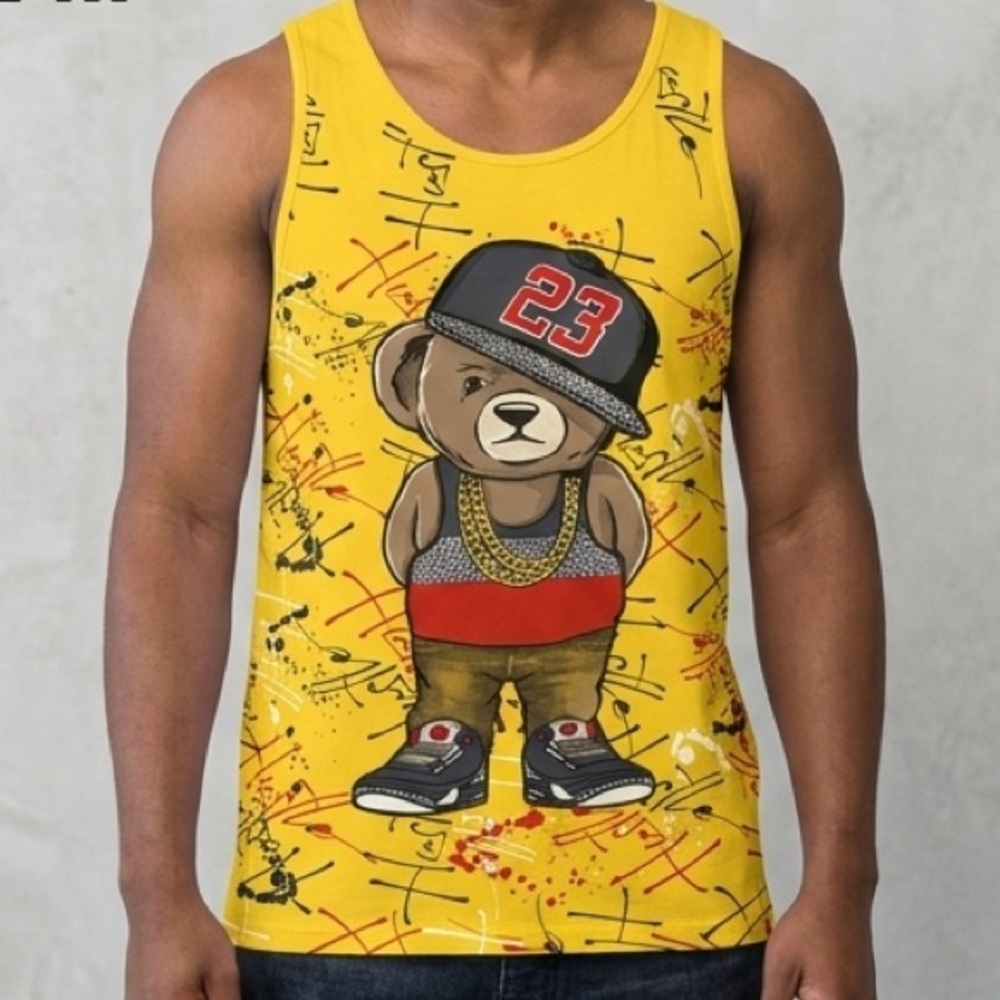 Graphic Hustle Bear Vibes Yellow Cotton Tank Top Size M Medium‎